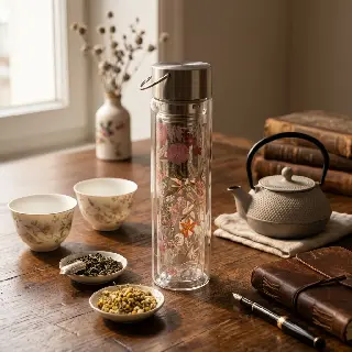 Bouteille infuseur en verre Flowtea, décor Cherry Blossom sur le verre intérieur, housse néoprène, vignette 3