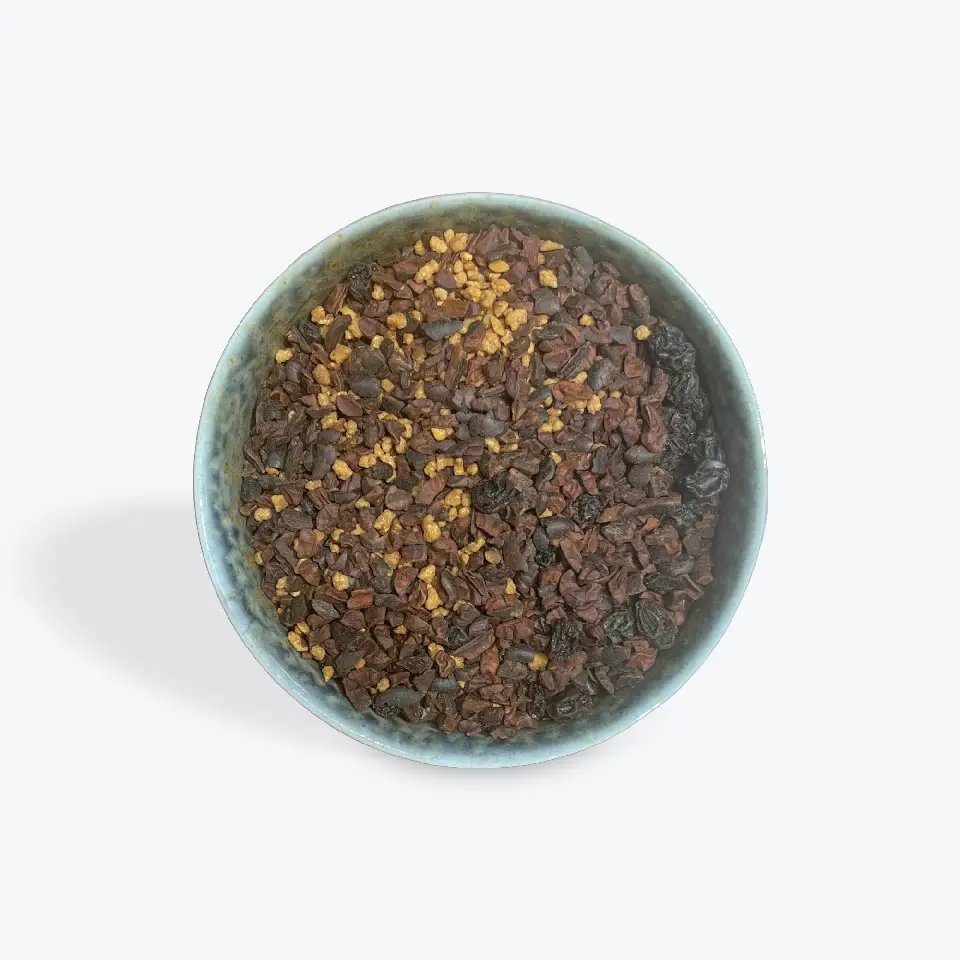 Infusion Marshmallow Baiser : fèves de cacao, raisin, croquant noisette