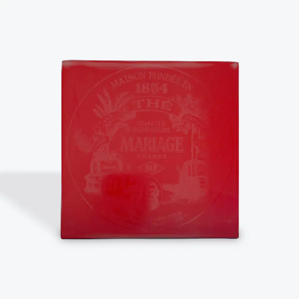 support de théière carré en laque Mariage Frères satiné rouge / logo MF