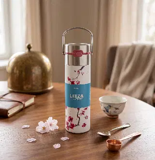 Gourde isotherme avec infuseur Leeza, décor Cherry Blossom en relief, acier inoxydable, vignette 1