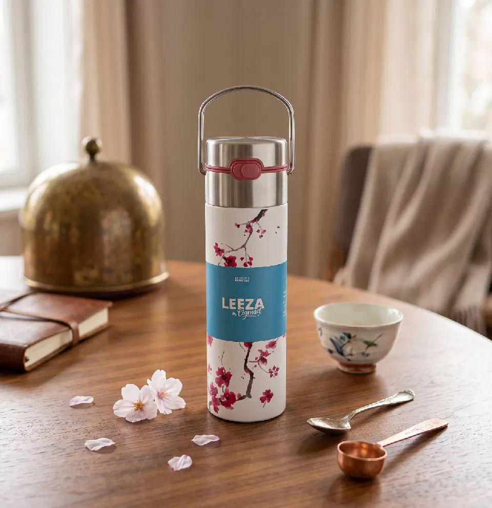 Gourde isotherme avec infuseur Leeza, décor Cherry Blossom en relief, acier inoxydable
