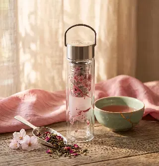 Bouteille infuseur en verre Flowtea, décor Cherry Blossom sur le verre intérieur, housse néoprène, vignette 1