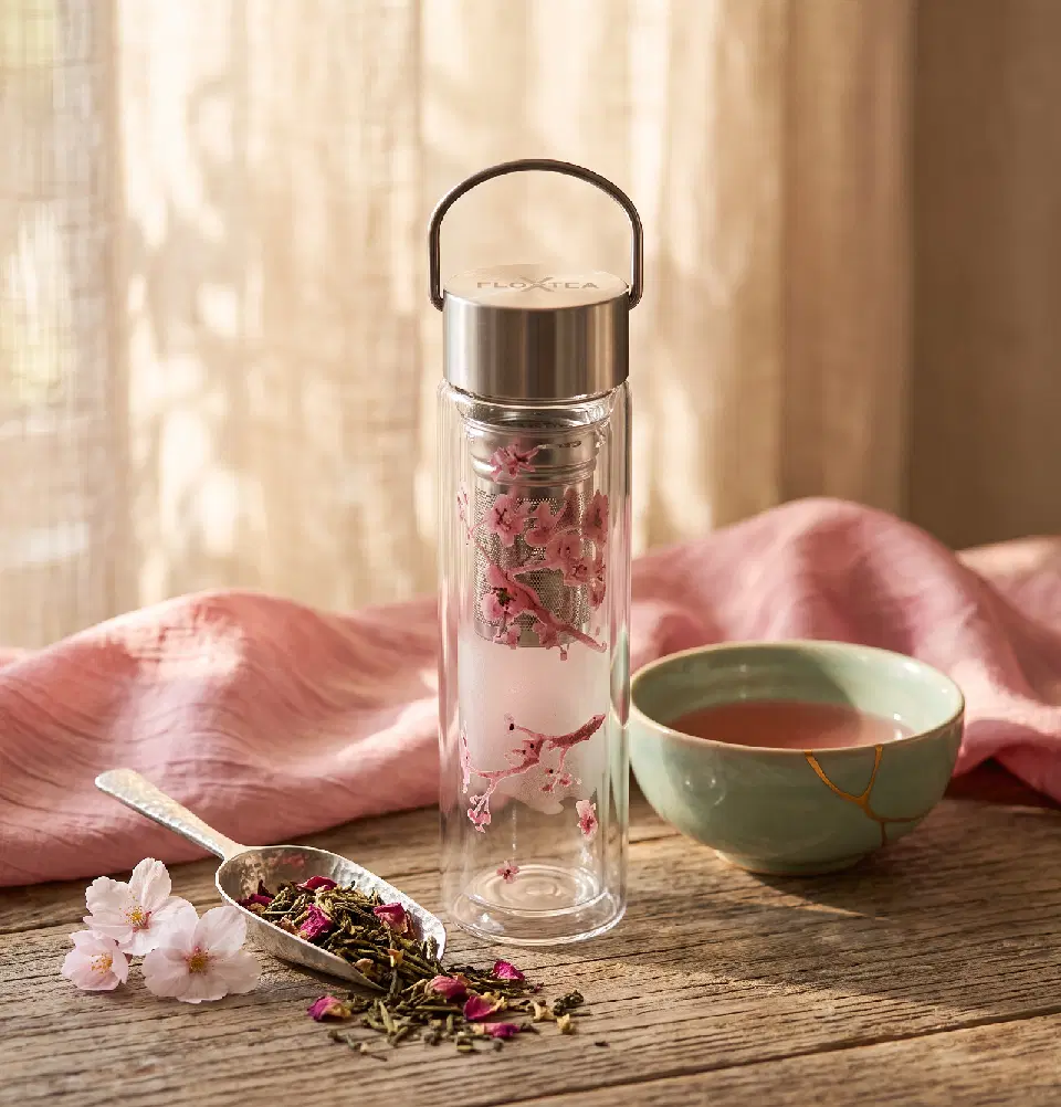 Bouteille infuseur en verre Flowtea, décor Cherry Blossom sur le verre intérieur, housse néoprène