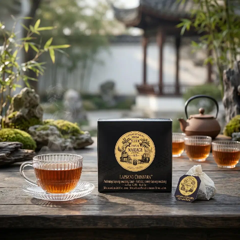Boîte noire de Lapsang Chinbara et tasses de thé ambré sur une table, dans un jardin d'inspiration chinoise