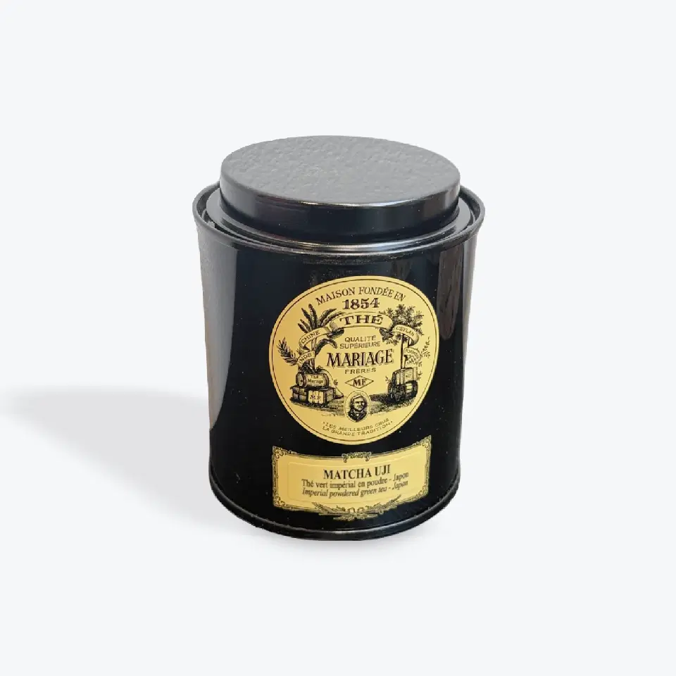 Boîte métal noire de Matcha Uji Mariage Frères avec son étiquette dorée
