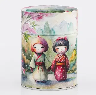 Boîte à thé illustrée Aijin Esprit Céladon, deux fillettes en kimono, paysage aquarelle, vignette 1
