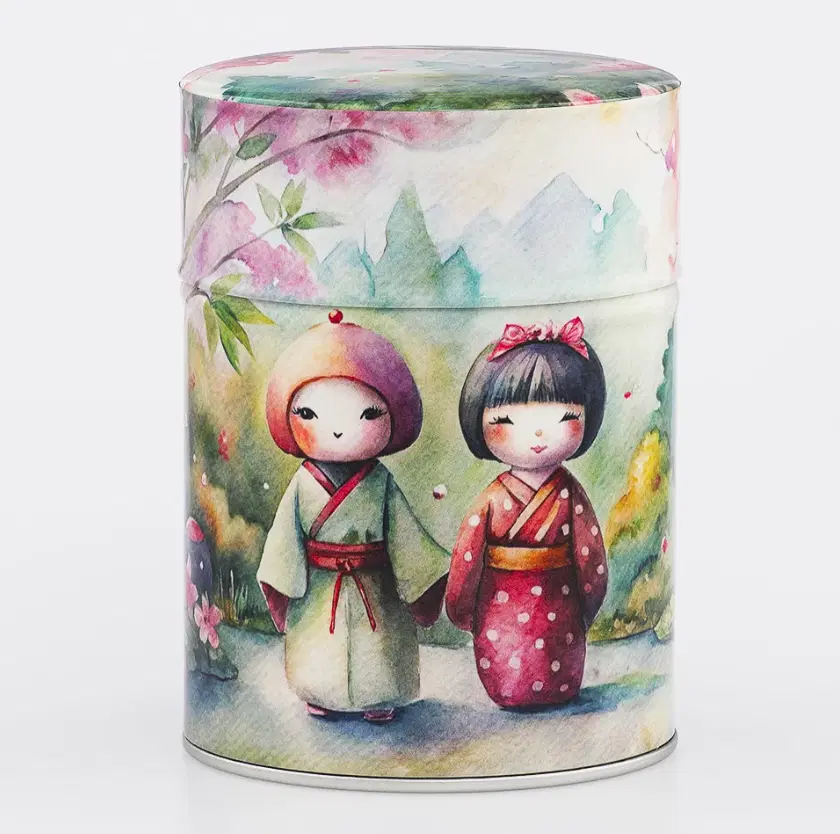 Boîte à thé illustrée Aijin Esprit Céladon, deux fillettes en kimono, paysage aquarelle