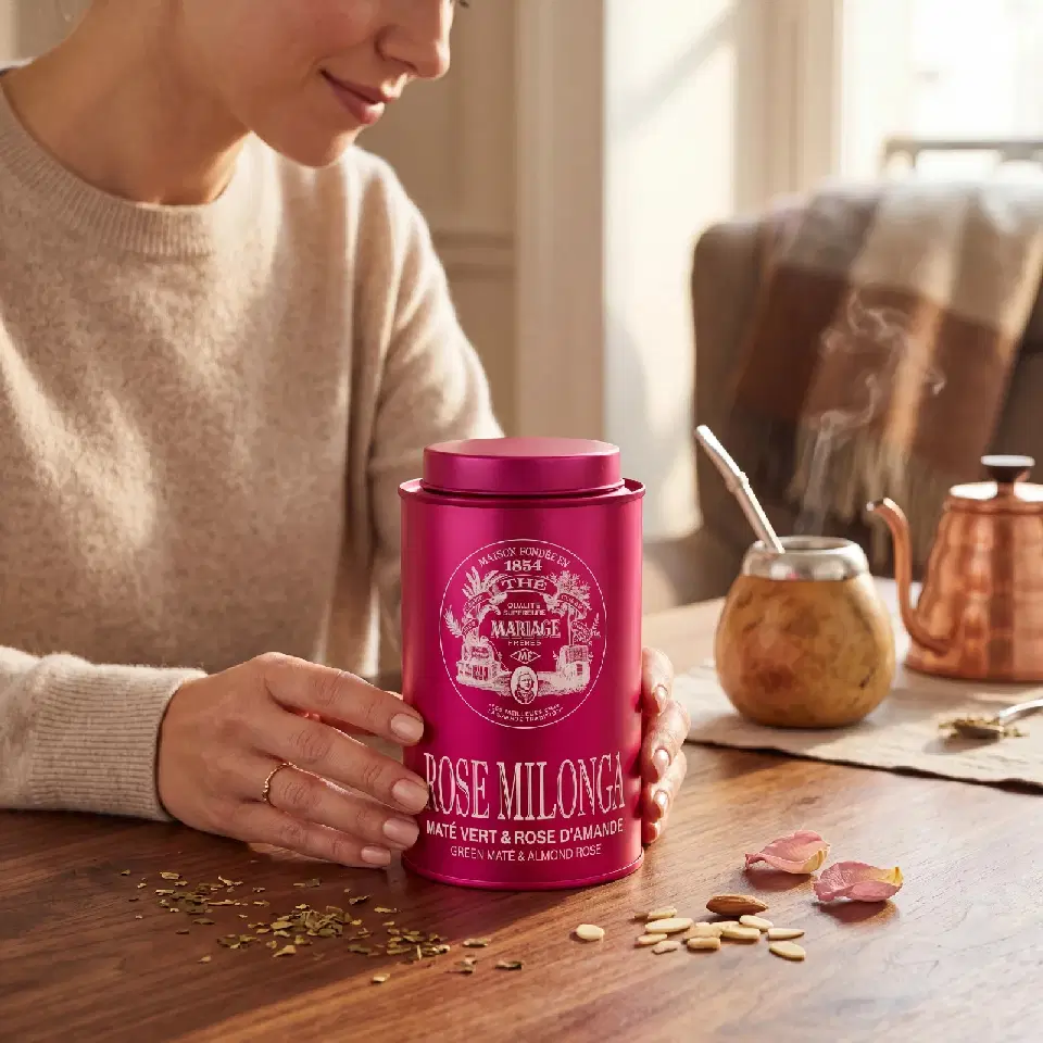Rose Milonga, maté vert rose amande Mariage Frères