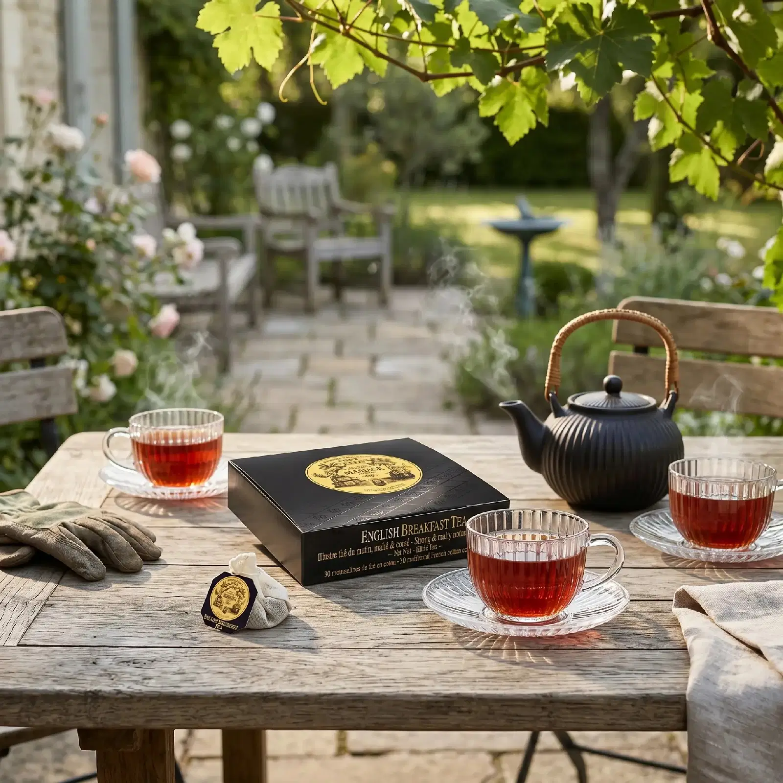 Étui de thé English Breakfast, théière noire et tasses de thé ambré sur une table en bois, dans un jardin