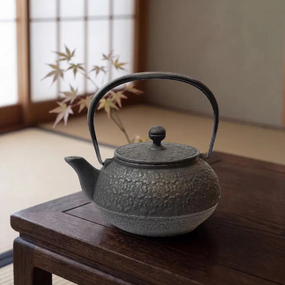 Théière Natsumi en fonte noire à anse métallique, posée sur une table basse en bois sombre